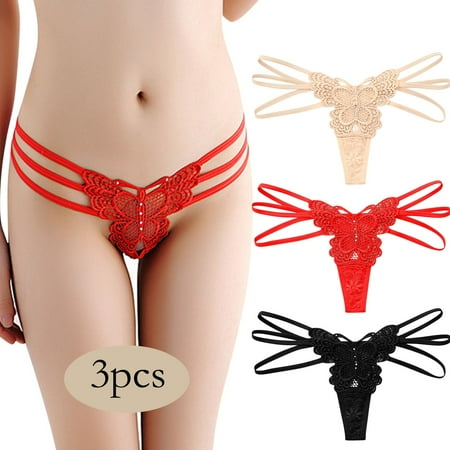 

TANGNADE Women 3 Pcs Panties Low Waist Ribbon Transparent Lace Sexy Panties Hollow Temptation Bow Thong