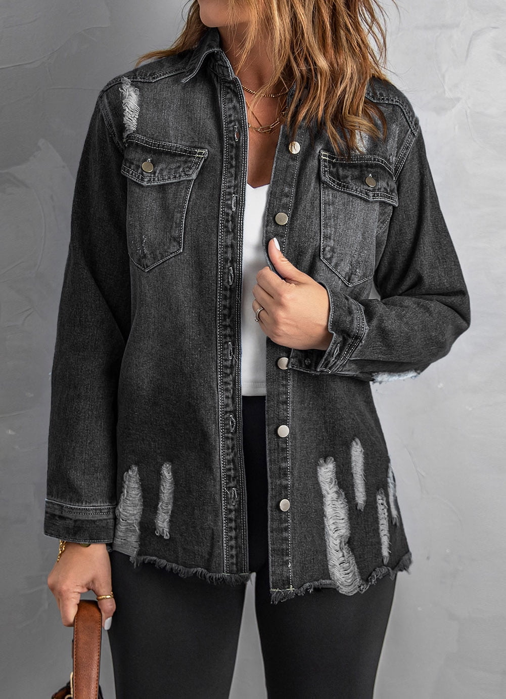 Women's Black Distressed Denim Jacket 