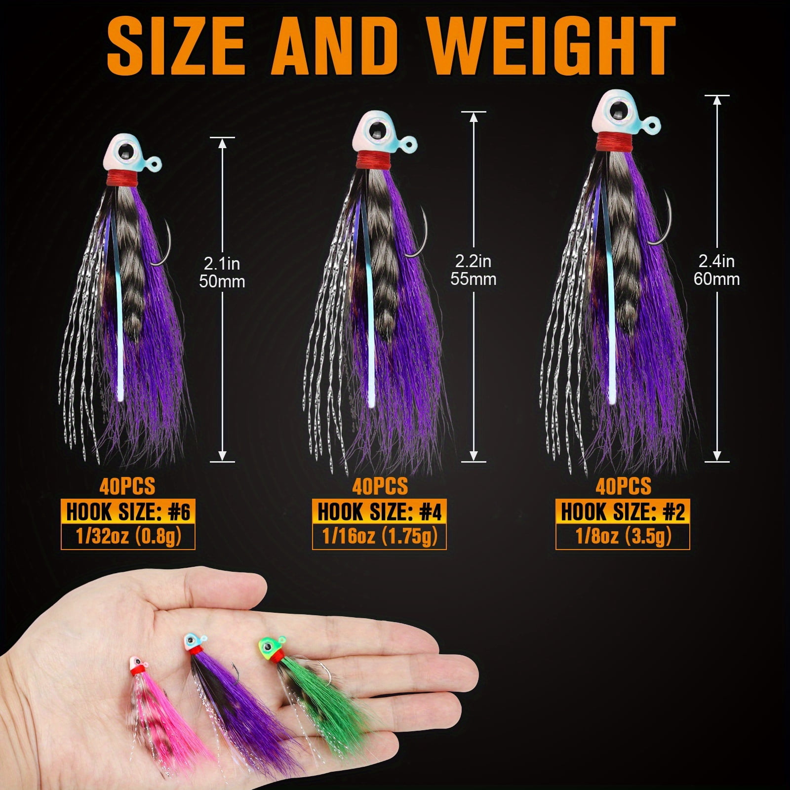 40Pcs 3D Eyes Crappie Jigs, Hand-Tied Hair Bucktail Jig Heads, 10 Mixed Colors 1/32oz 1/16oz 1/8oz Lures for Trout Walleye Panfish Freshwater Fishing