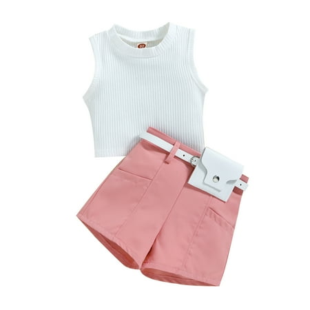 

QYZEU 2 Year Old Girls Clothes Grandma Baby Girl Clothes Summer Toddler Girls Sleeveless Ribbed Vest Tops And Shorts Belt Waist Bag Outfit