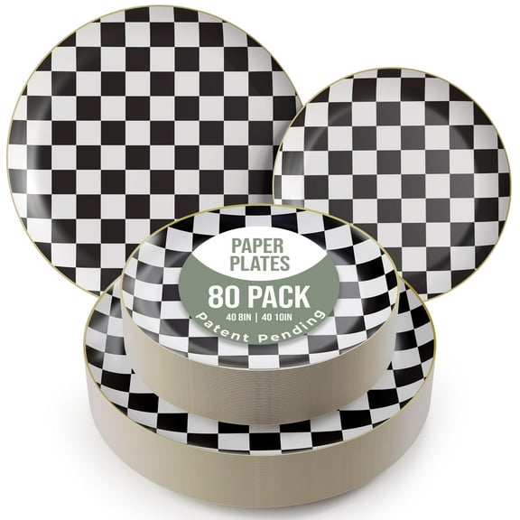 Trendables Heavy Duty Paper RRF12 Plates Bulk 80 Party Plates - 40 X 8 Inch Dessert Plate & 40 X 10 Inch Paper Plate Checkered decor, black and white party decorations, race car decorations