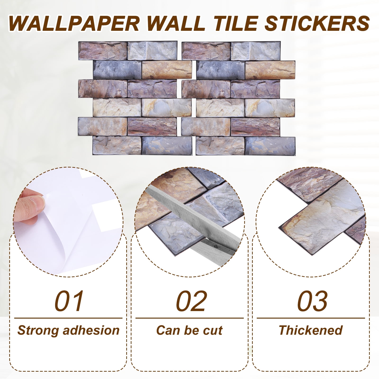 Uxcell 10Pcs Peel and Stick Backsplash Tiles 10.6" x 10.6" 3D Thickened Stone Texture Self-Adhesive Tile Stickers Wallpaper Wall for Kitchen Bathroom Bedroom, Brown Gray