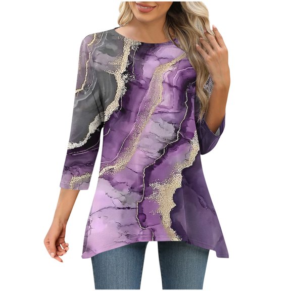CYMMPU Floral Pattern 3/4 Sleeve Fall Fashion Shirts Blouses for Women Dressy Casual Round Neck Spring Tunic Tops Loose Fit Flare Hem Hide Belly Tops to Wear with Leggings T-Shirts Purple XXL