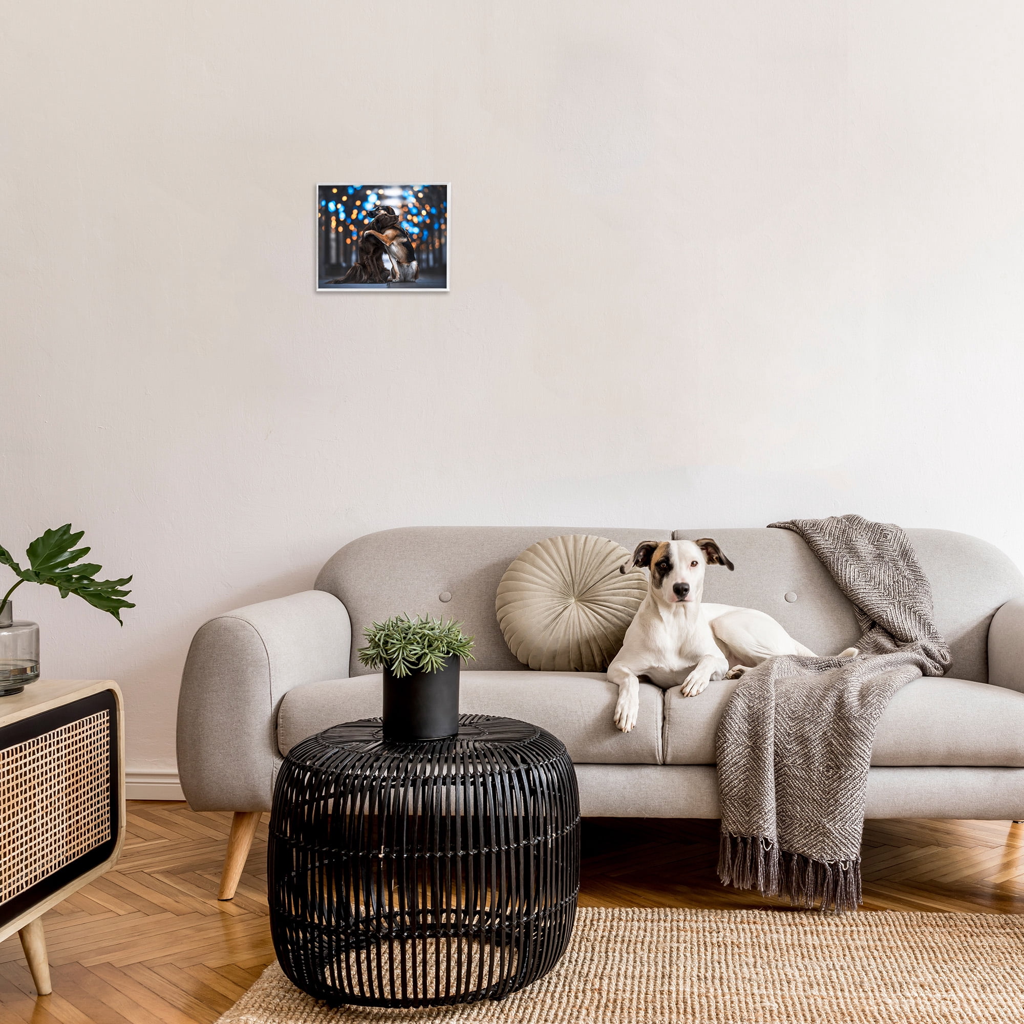 Stupell Industries Hugging Dogs with Bokeh Animals & Insects Painting White Framed Art Print Wall Art, 14 x 11