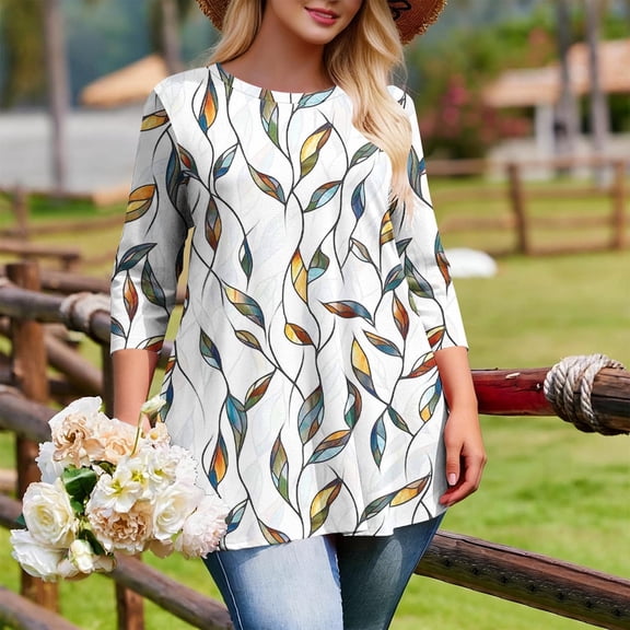 Jsaierl Tops for Women 3/4 Sleeve Plus Size Casual Crew Neck Shirts Cute Print Ladies Blouses Workout Elegant T-shirts Top XL-5XL