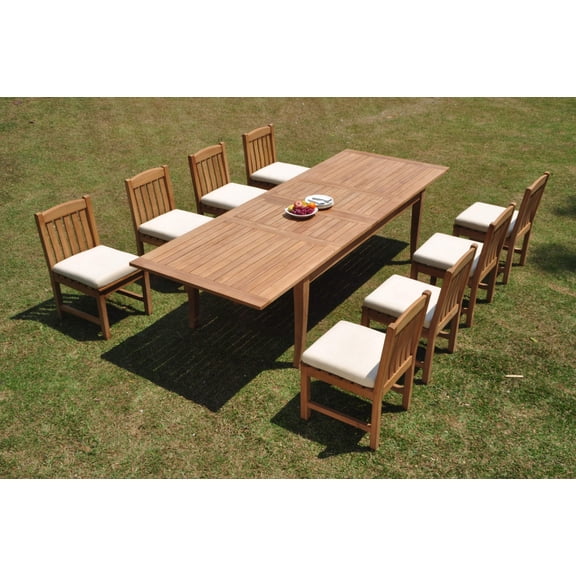 Grade-A Teak Dining Set: 8 Seater 9 Pc: 122" Atnas Double Extension Rectangle Table And 8 Devon Armless Chairs Outdoor Patio WholesaleTeak #WMDV62