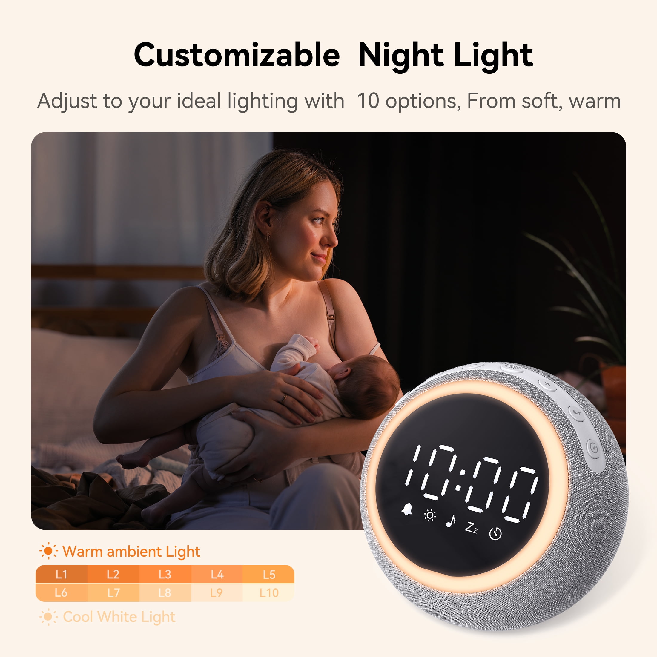 Dreamegg White Noise Sound Machine for Sleep, Sleep Machine with Alarm Clocks and Night Light for Bedrooms, Gray