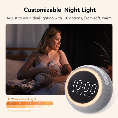 DREAMEGG WHITE NOISE SOUND MACHINE FOR SLEEP, SLEEP MACHINE WITH ALARM CLOCKS AND NIGHT LIGHT FOR BEDROOMS, GRAY