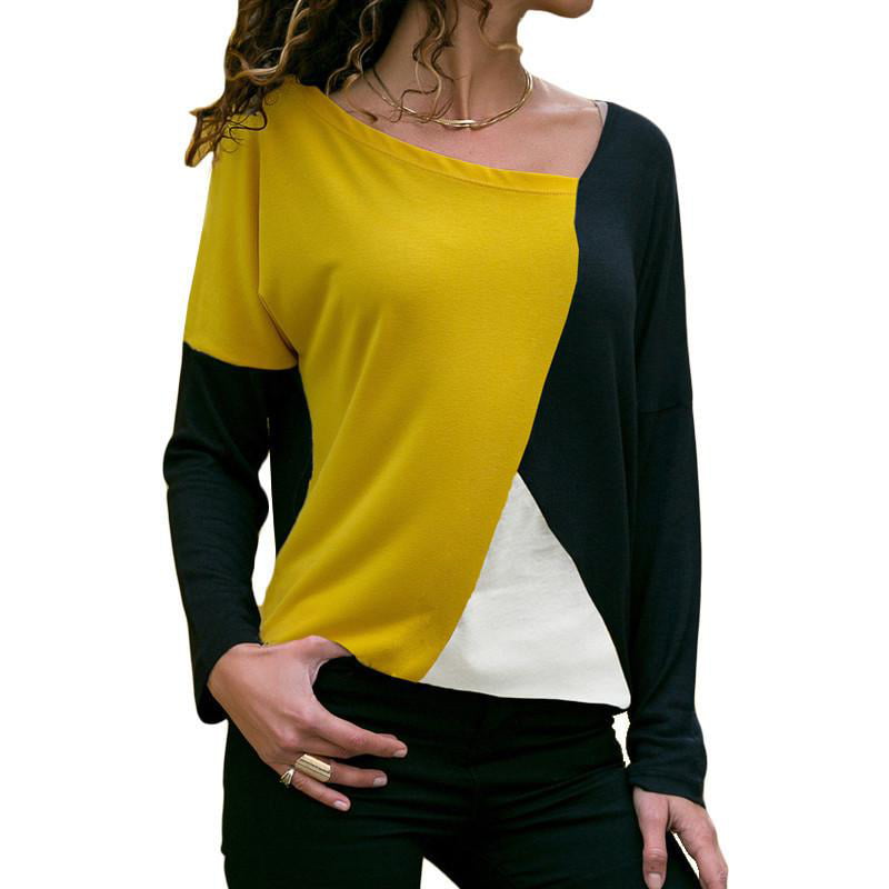 Women Fashion Sweatshirt Skew Neck Blouse Shirt Plus Size Long Sleeve Striped Patchwork Button Sweatshirt Top 