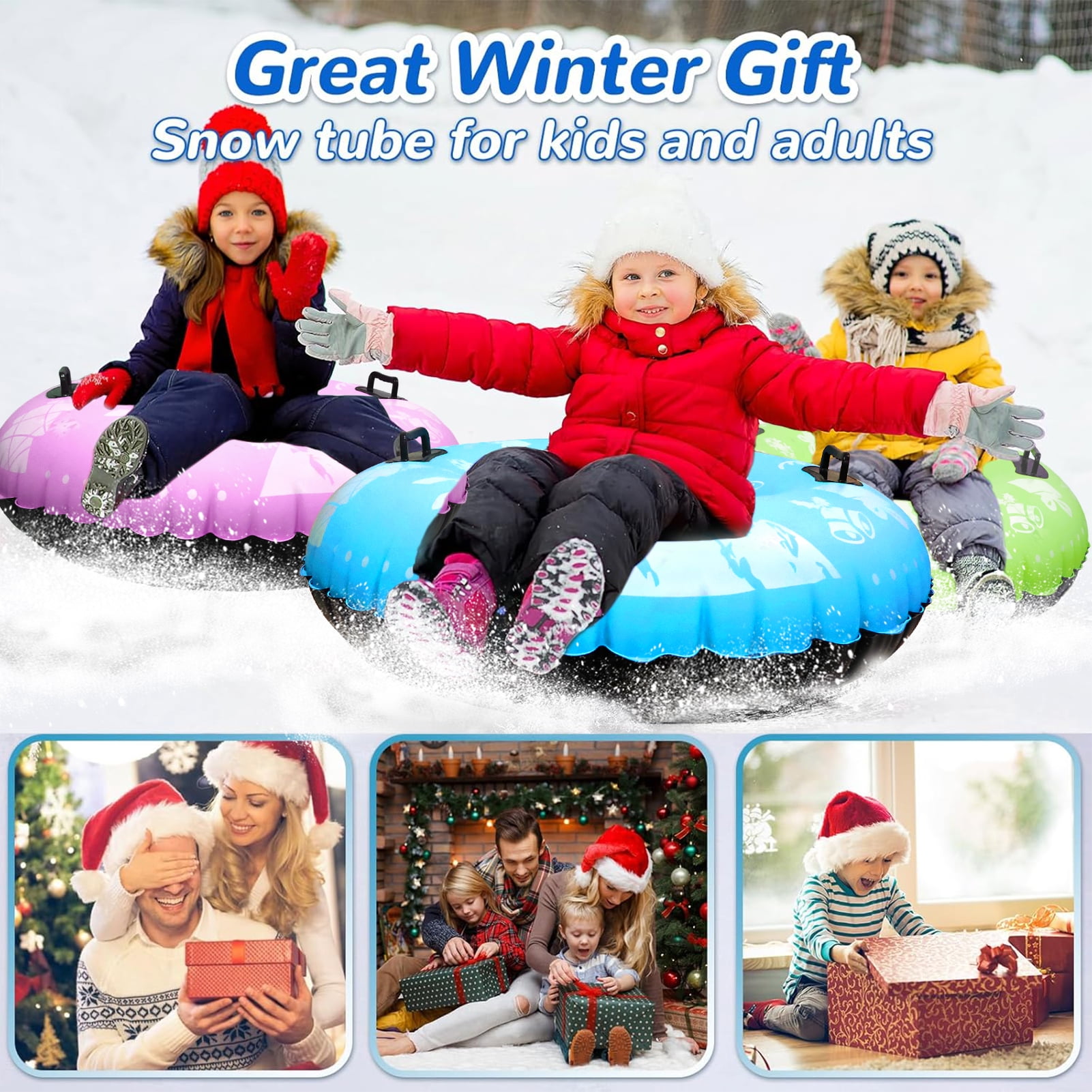 GMZW Snow Tube, 2 Packs for The Whole Family Inflatable Snow Sled for Kids and Adult, Thickened Heavy Duty Hard Bottom Sleds for Snow with Handles, Winter Toys for Outdoor Sledding Snow Tube Sports