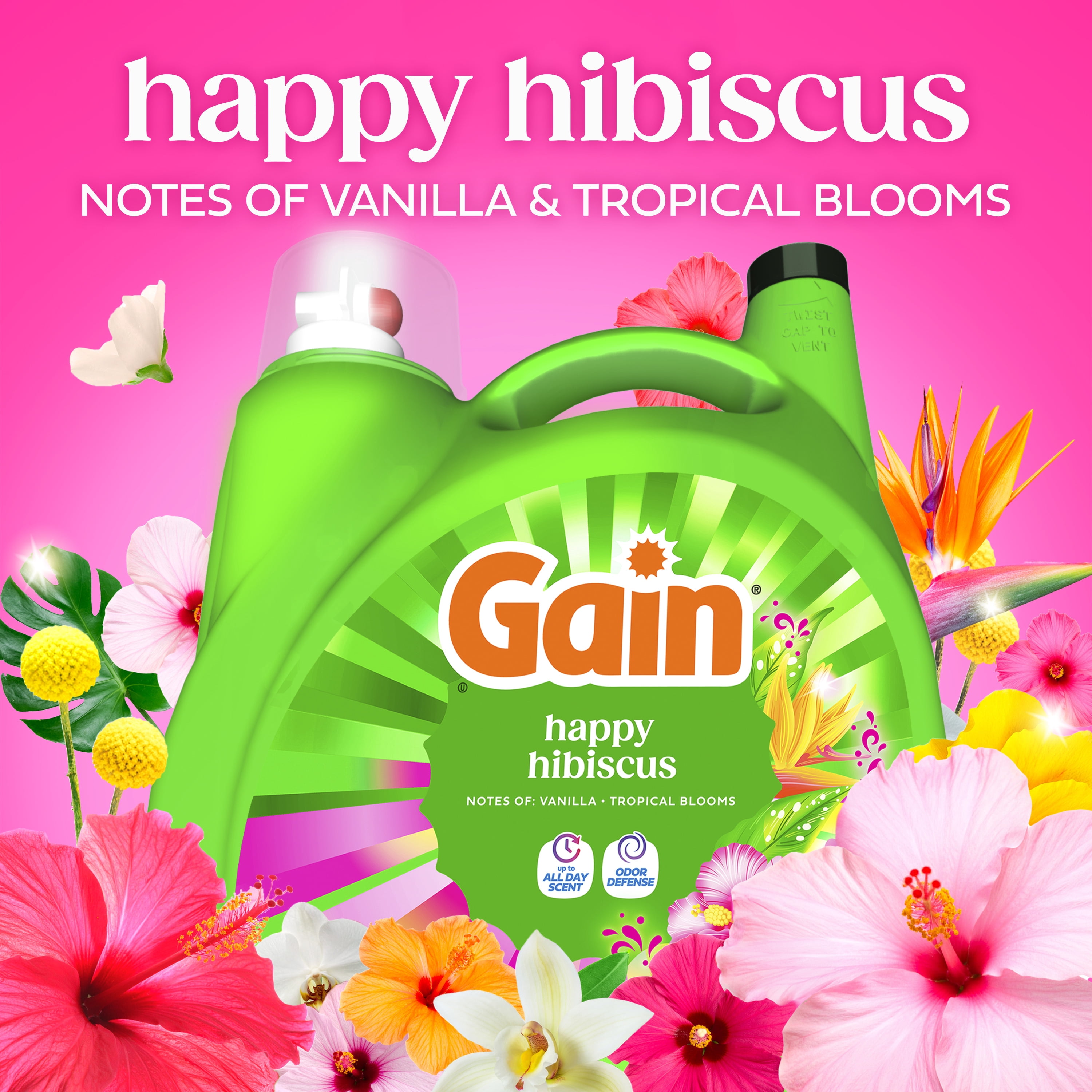 Gain Liquid Laundry Detergent with Odor Defense + All Day Freshness, Happy Hibiscus Scent, 177 fl oz, 134 Loads