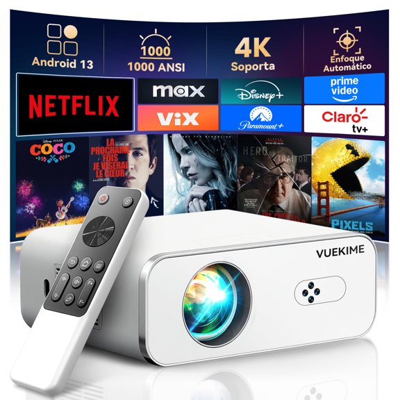 VUEKIME 【Enfoque Automático/1000ANSI】 Proyector 4K Pro Portátil, Android 13.0, Silencioso, 300 Pulgadas, 40000 Lúmenes, Soporte 4K, 2.4/5GHz WiFi 6, Bluetooth 5.2, Compatible con iOS/Android/PC/PS5