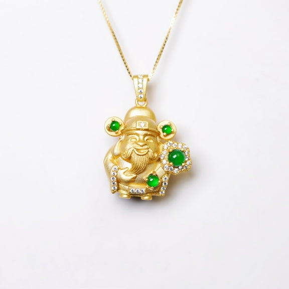 God of Wealth Pendant S925 Silver Jade，Green Jade Necklace Pendant S925 Silver