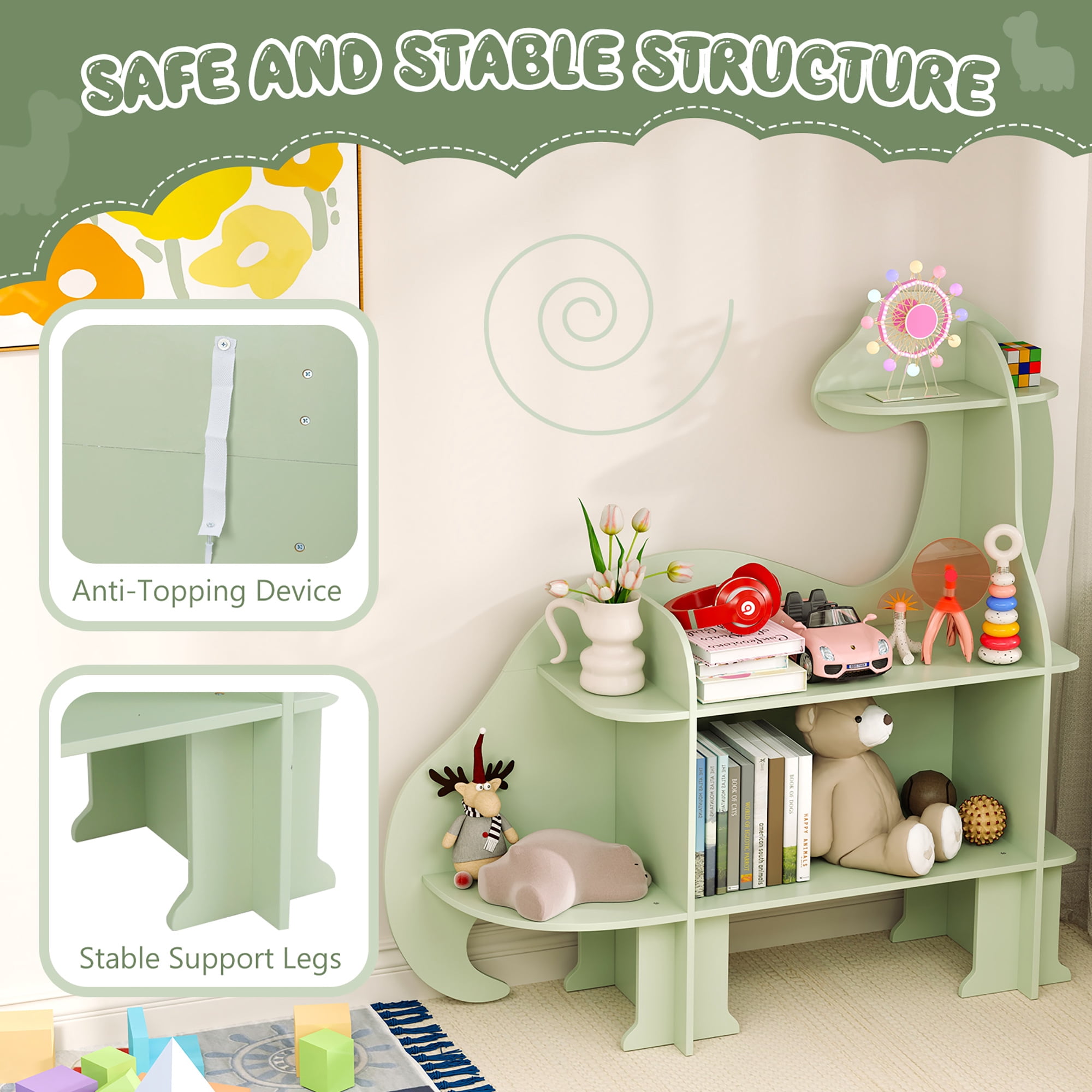 Gymax 3-Tier Dinosaur Kids Bookshelf Toy Storage Organizer Montessori Book Shelf