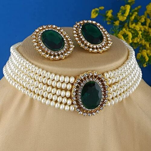 Indian Bollywood Gold Plated Fancy Choker Traditional Pearl Necklace Fashion Jewellery Set Women