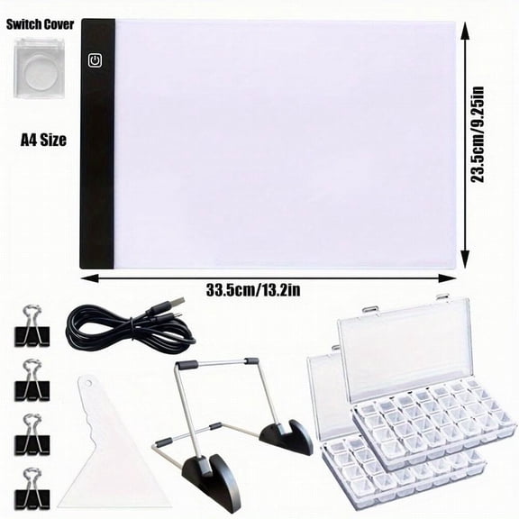 A4 USB Powered LED Light Pad, Adjustable Brightness Drawing Copy Board For Diamond Painting Kits With Detachable Stand, Clips, Beads Storage Box
