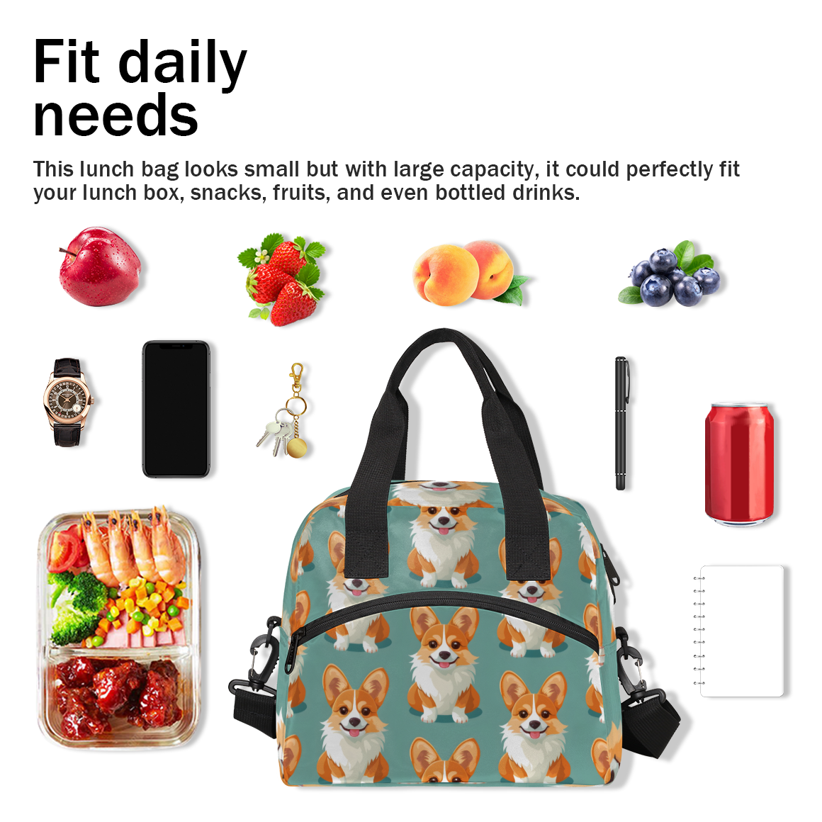 Herdesigns Dog Insulated Lunch Bag for Women Men Adults Large Reusable Lunch Box Puppy Dog Leakproof Cooler Tote Bags with Adjustable Shoulder Strap