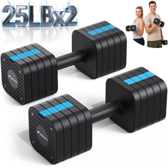 MERACH 50LBS Adjustable Dumbbell Set, 5 in 1 Free Hand Weights for Home Gym, 25 lbs, Set of 2, Black&Blue