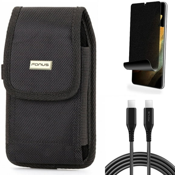 Privacy Screen Protector & Case Belt Clip & 6ft Long USB-C Cable for Samsung Galaxy S21 Ultra Phone - TPU Film Fingerprint Works & Swivel Holster & PD Fast Charger Cord Power Accessory Bundle