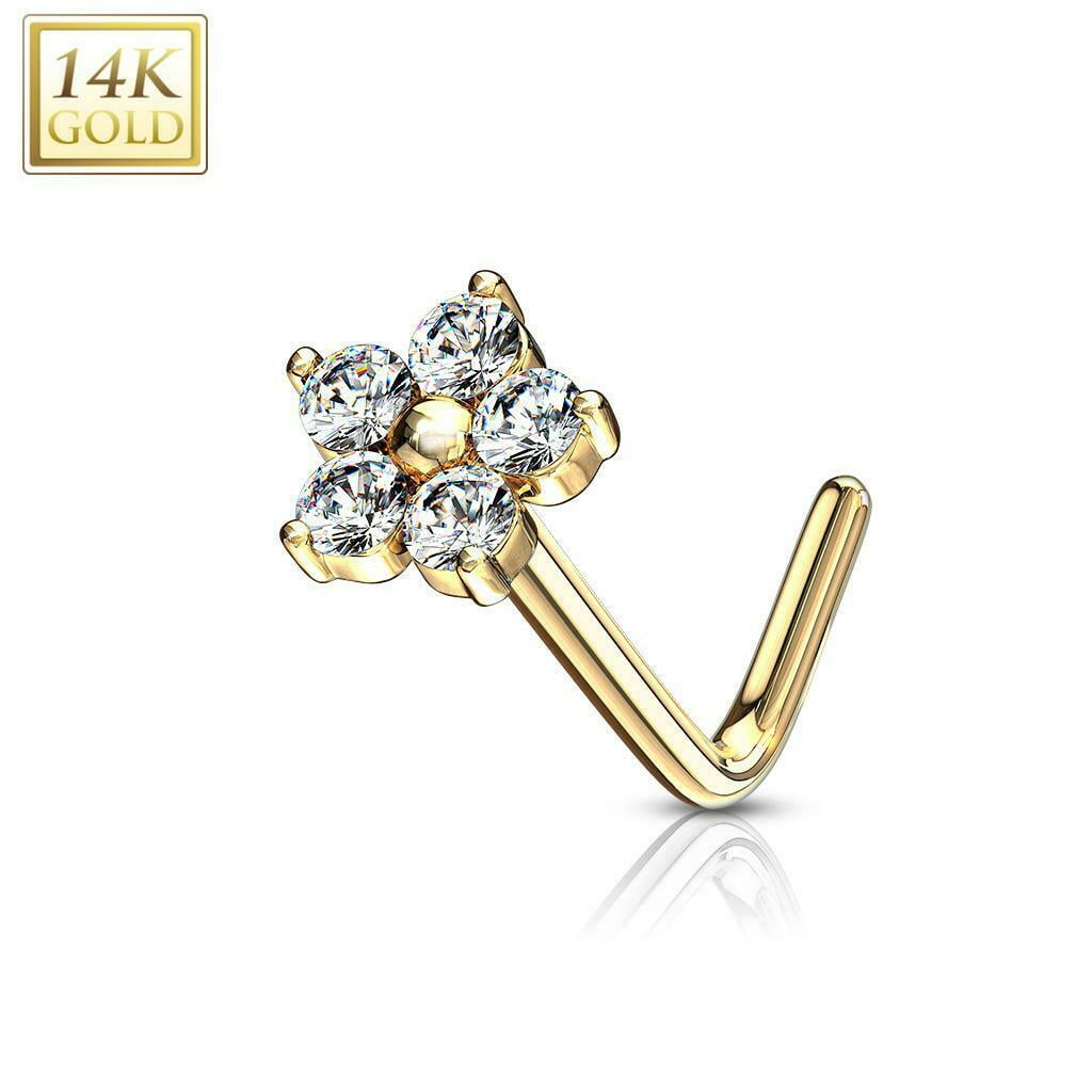 Nose Ring L-Bend with CZ Flower Top 14Kt Solid Gold 20g- Sold Each