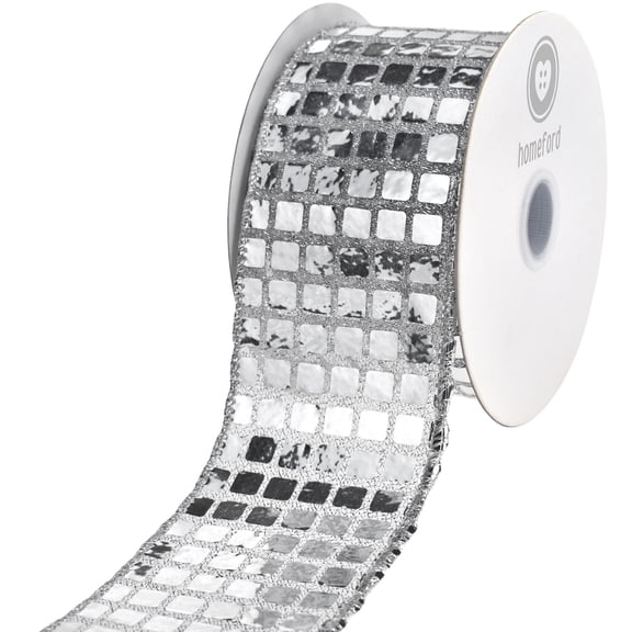 HOMEFORD Metallic Disco Ball Sequins Wired Ribbon, 2-1/2-inch, 10-yard, Silver