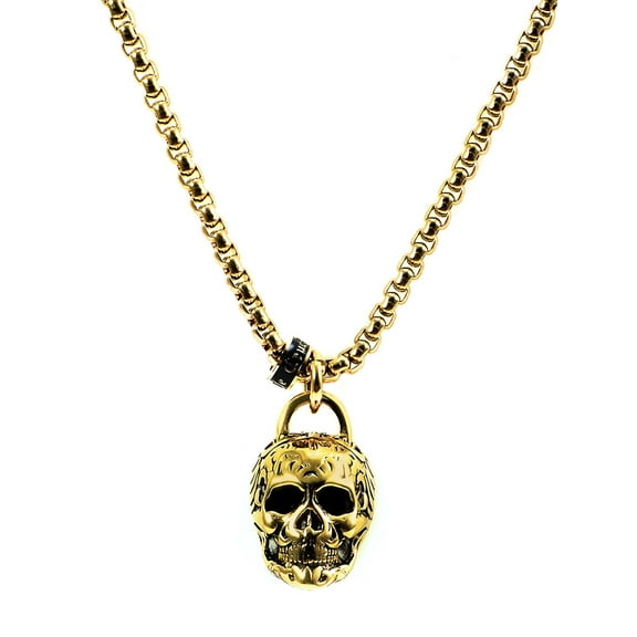 Crucible Jewelry Men's Antiqued and Polished Gold Plated Stainless Steel Large Skull Necklace - 24"
