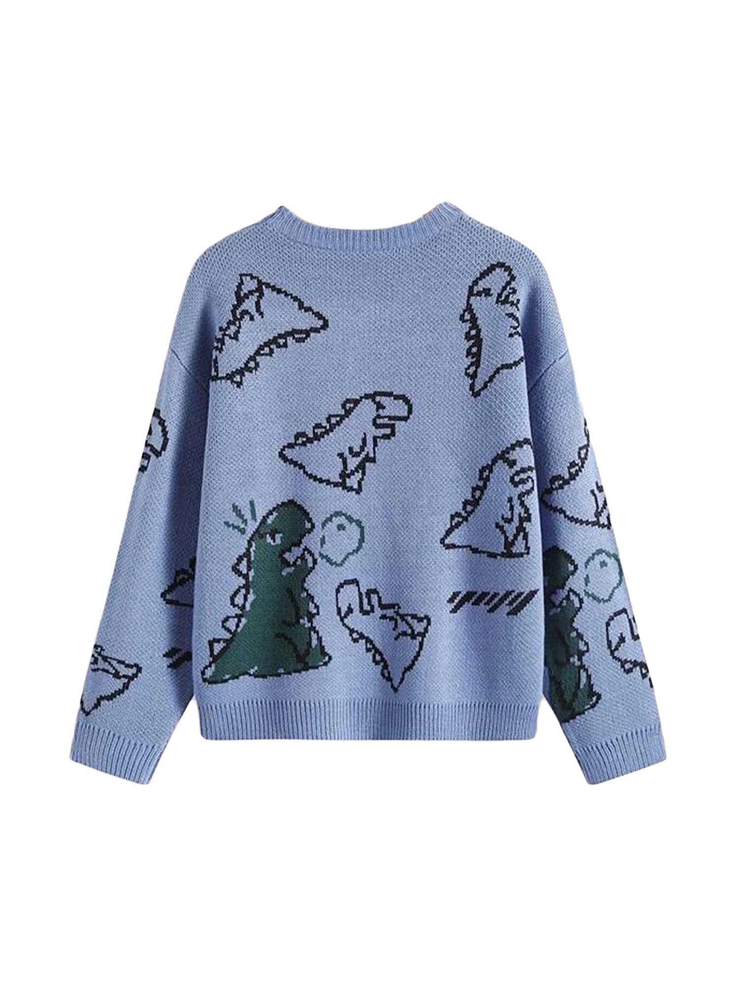 Suanret Women Cartoon Dinosaur Print Sweater Loose O Neck Knitted Long Sleeve Pullover 90s Preppy Streetwear Blue S Walmart Business Supplies