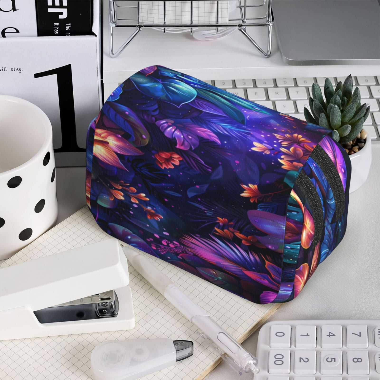 Rateoe Magic Colorful Forest Leaves Pattern Double Clamshell Pen Case, Storage Organizer with Two Zipper Compartments– Holds Up to 50 Pencils & Pens