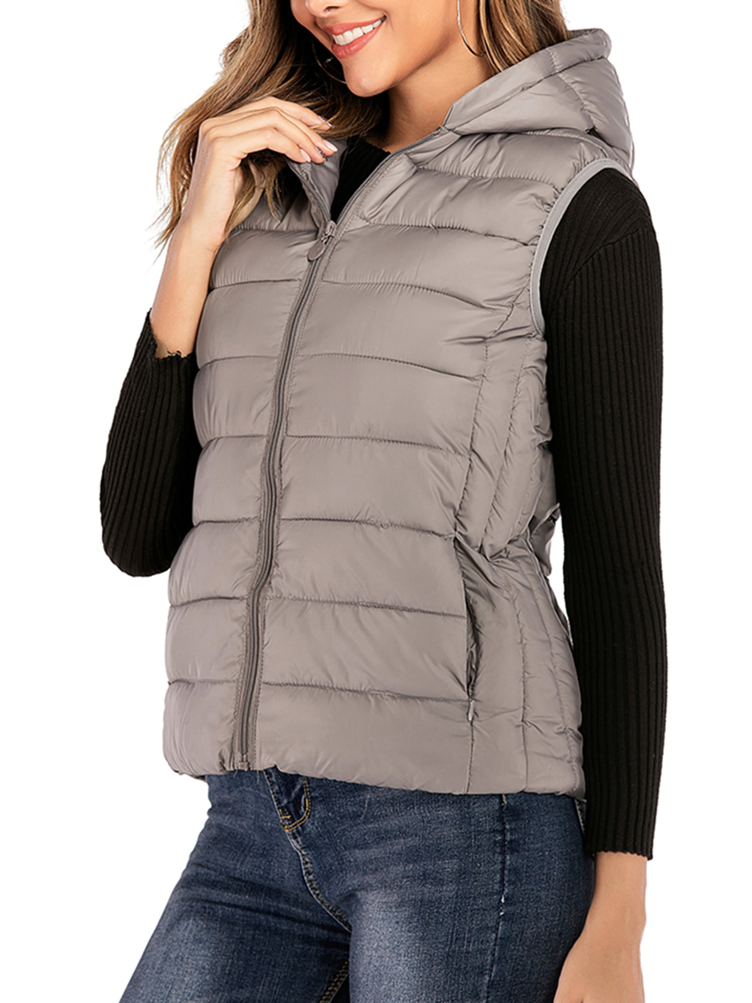 Womens Padded Vest Hoodie Full Zip Up Lightweight Quilted Gilets Outwear Sleeveless Jackets