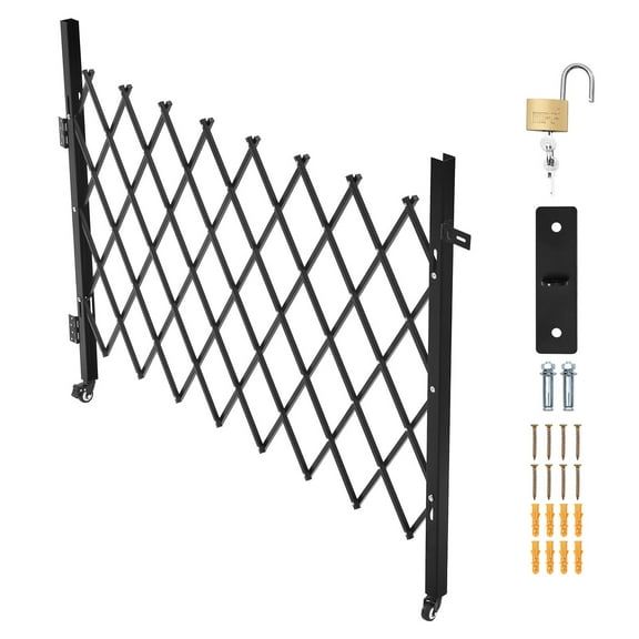 KFFKFF Single Folding Security Gate, Lockable Scissor Gate with Swivel Casters, Steel Retractable Gate for Entry, Garage, Warehouse, and Pool, 66.93 x 51.57 in (W x H)