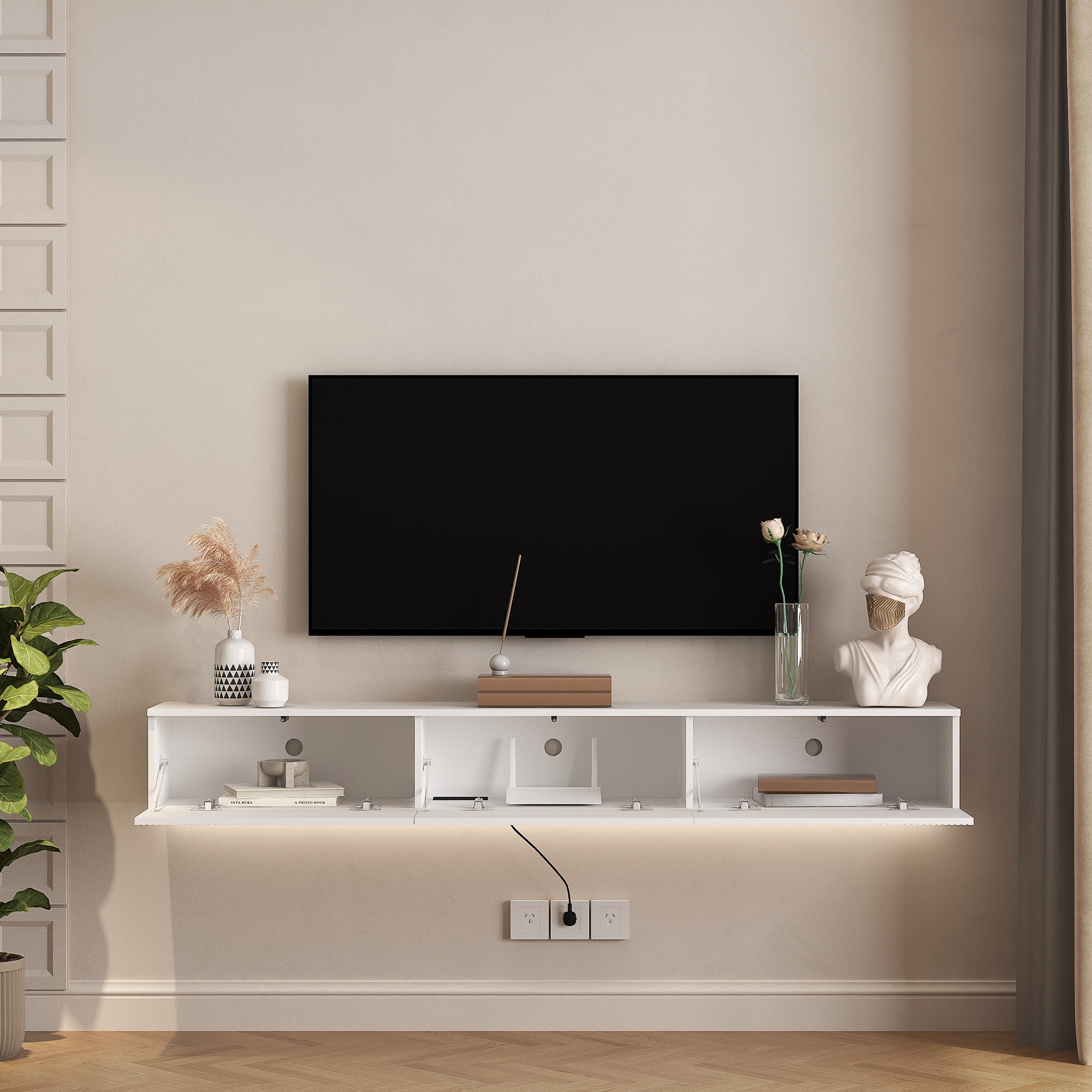 Yoneston 69" Wall Mounted Floating TV Stand wih LED for 55/60/65inch TV, Modern TV Stand with Drawer, High Gloss Entertainment Center for Living Room, White