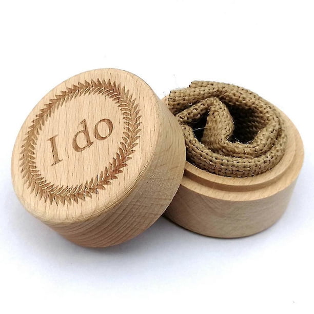 Caja de madera rústica para anillos de boda, grabada, redonda, para guardar anillos de compromiso y exhibir en ceremonias de propuesta.