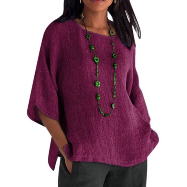 Becaristey Vêtements pour Femmes Chemise à Col Rond en Coton et Lin à Manches 3/4 Haut Décontracté en Coton et Lin Violet P