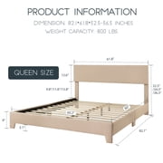 Einfach Queen Size Beige Fabric Upholstered Bed Frame with Adjustable Headboard, No Box Spring Needed, Low