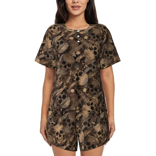 Balery Brown Camouflage Skull Conjunto de Pijama para Mujer con Estampado, Dos Piezas de Manga Corta y Shorts, Ropa de Dormir Suave con Cuello Redondo y Bolsillos-Medium