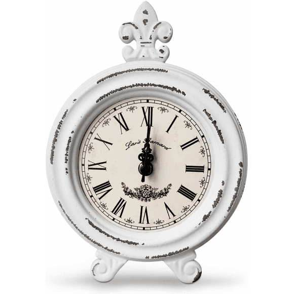 Vintage Desk Clock | Table Clock on Stand | Rustic Mantel Clocks for Living Room Decor (White)