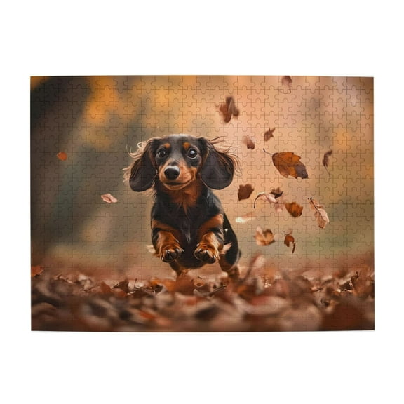 Dachshund Running Leaves Autumn 500-Piece Wooden Jigsaw Puzzle for Adults, Fun & Challenging Family Game, Stylish Wall Decor & Holiday Gift