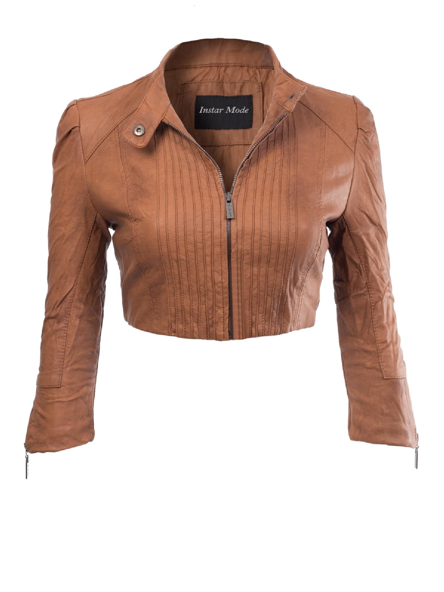Made By Olivia Women S 3 4 Sleeve Faux Leather Jacket Cropped Crop Top Caramel Xl