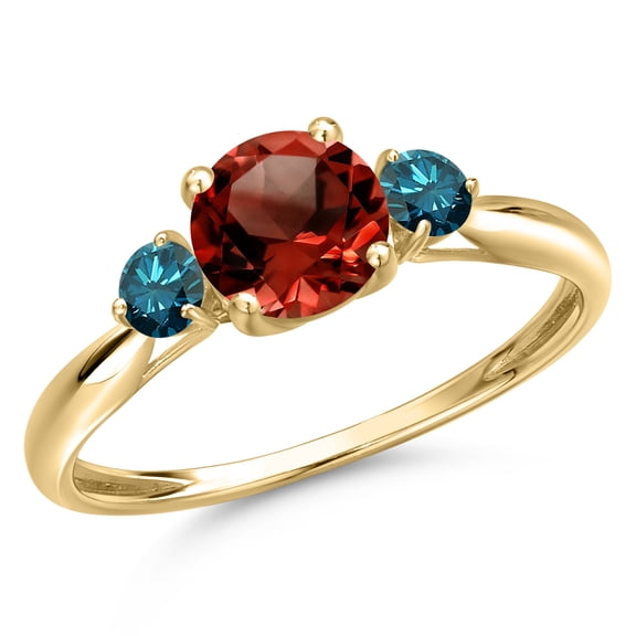 Gem Stone King 10K Yellow Gold Red Garnet and Blue Diamond 3-Stone Ring for Women | 1.20 Cttw | Round 6MM | Gemstone January Birthstone | Size 8