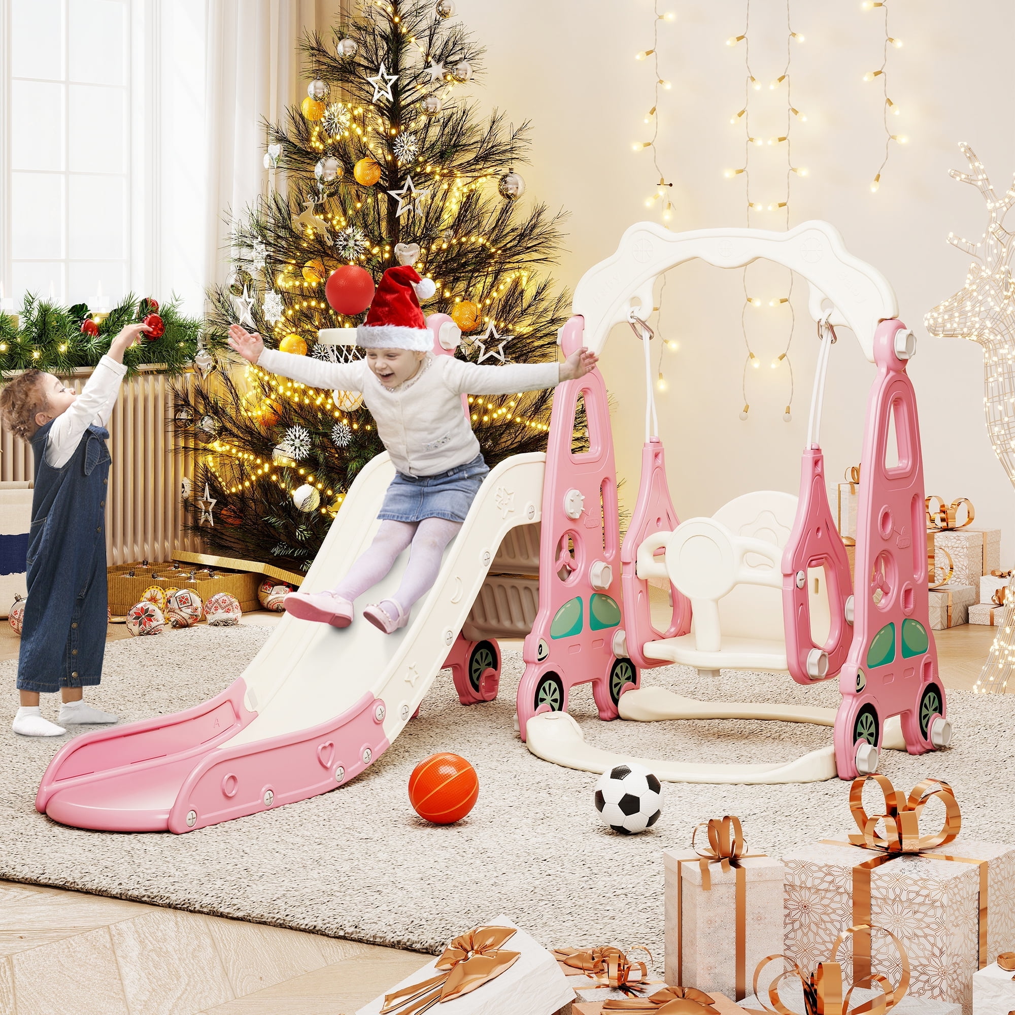 4 in 1 Slide Climber Swing Set Freestanding Toddler Slide Climber Playset with Basketball Hoop Toddler Playground Indoor Outdoor Easy Setup