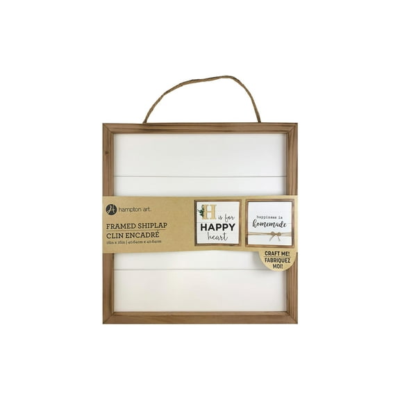 Hampton Art Rustic Frame Shiplap 16" x 16" White, easy to decorate, paint, embellish, stencil, and more, jute rope is attached to the reverse side for hanging