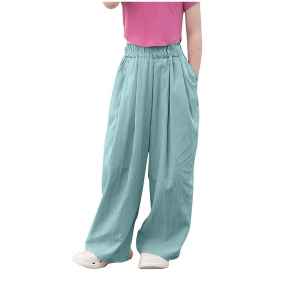 Maean Girls Summer Silky Pant Wide Leg Flowy Palazzo Pants Elastic High Waist Long Pant with Pockets