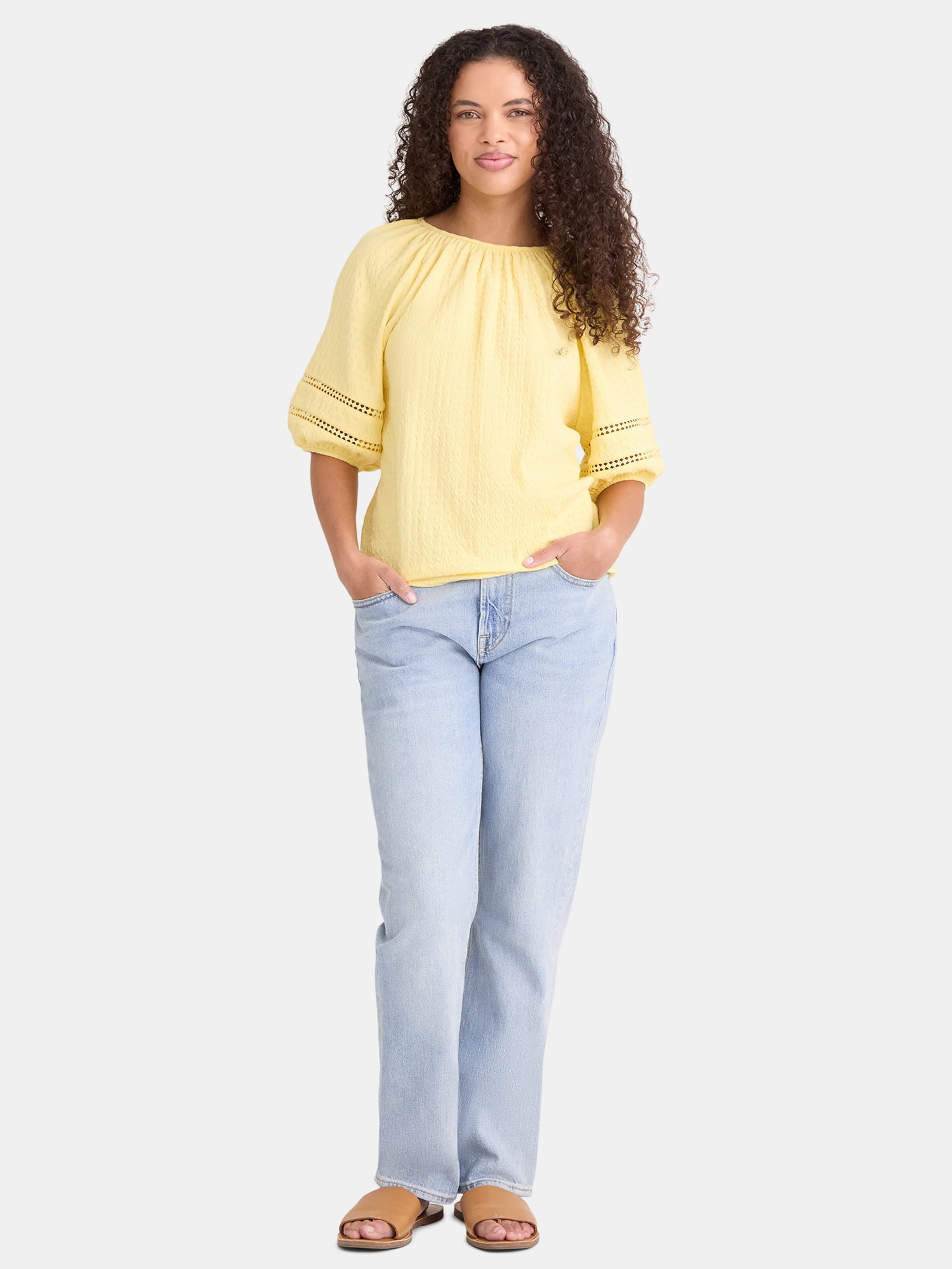 Time and Tru Women's Lace Trim Top with Puff Sleeves, Sizes XS-XXXL