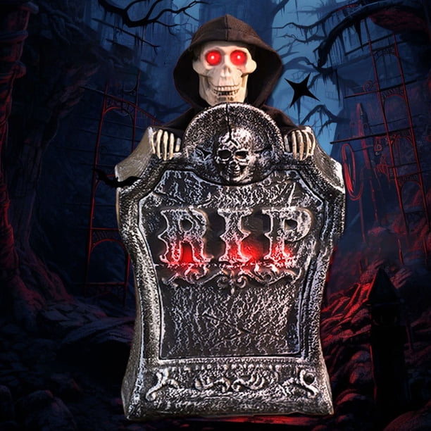 Lápida de cementerio con decoraciones de Halloween con calavera iluminada y voz espeluznante