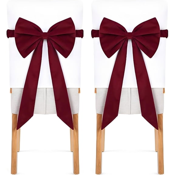 Elastic Bows for Chairs, Velvet Chair Bows for Christmas, Pre-Tied Red & Burgundy Chair Sashes, Set of 2 – Perfect for Weddings, Christmas, and Holiday Events (2 PCS)