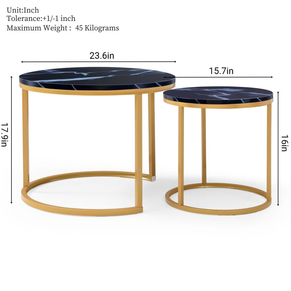 Set of 2 Nesting Coffee Tables, Black Round Marble-Look Wood Top with Gold Metal Frame, Modern Industrial Side Tables, End Tables for Living Room, Bedroom
