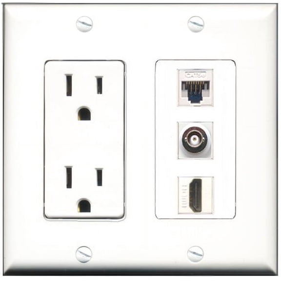 RiteAV - 15 Amp Power Outlet 1 Port HDMI 1 Port BNC 1 Port Cat5e Ethernet White Decorative Wall Plate