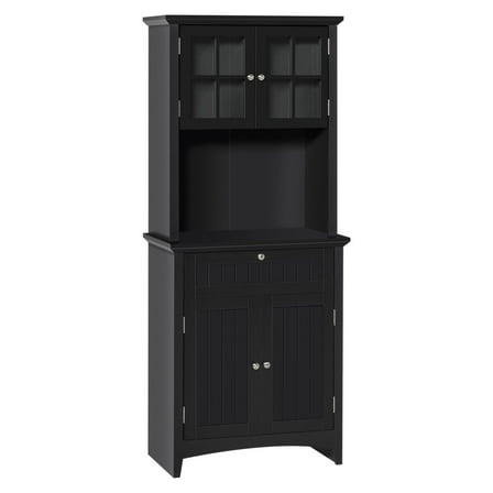 Kitchen Buffet with Hutch, Pantry Cabinet, Black - Microwave Storage, Framed Glass Door, Adjustable Shelves