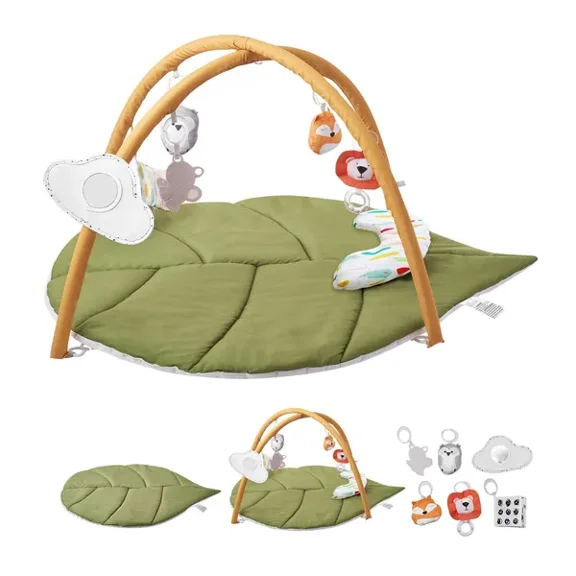 Oversized Leaf-Shaped Baby Play Gym Mat with 6 Sensory Toys for Infants 0-18 Months,Perfect for Tummy Time and Early Motor Skills Development