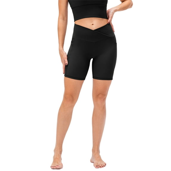 Liacowi Womens High Waist Crossover Biker Shorts Cross Waist Ribbed Workout Yoga Short Leggings Butt Lift Pocket Golf Shorts